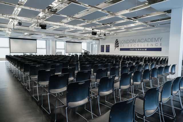 Main hall at London Academy of Excellence Tottenham, ideal for conferences and seminars.