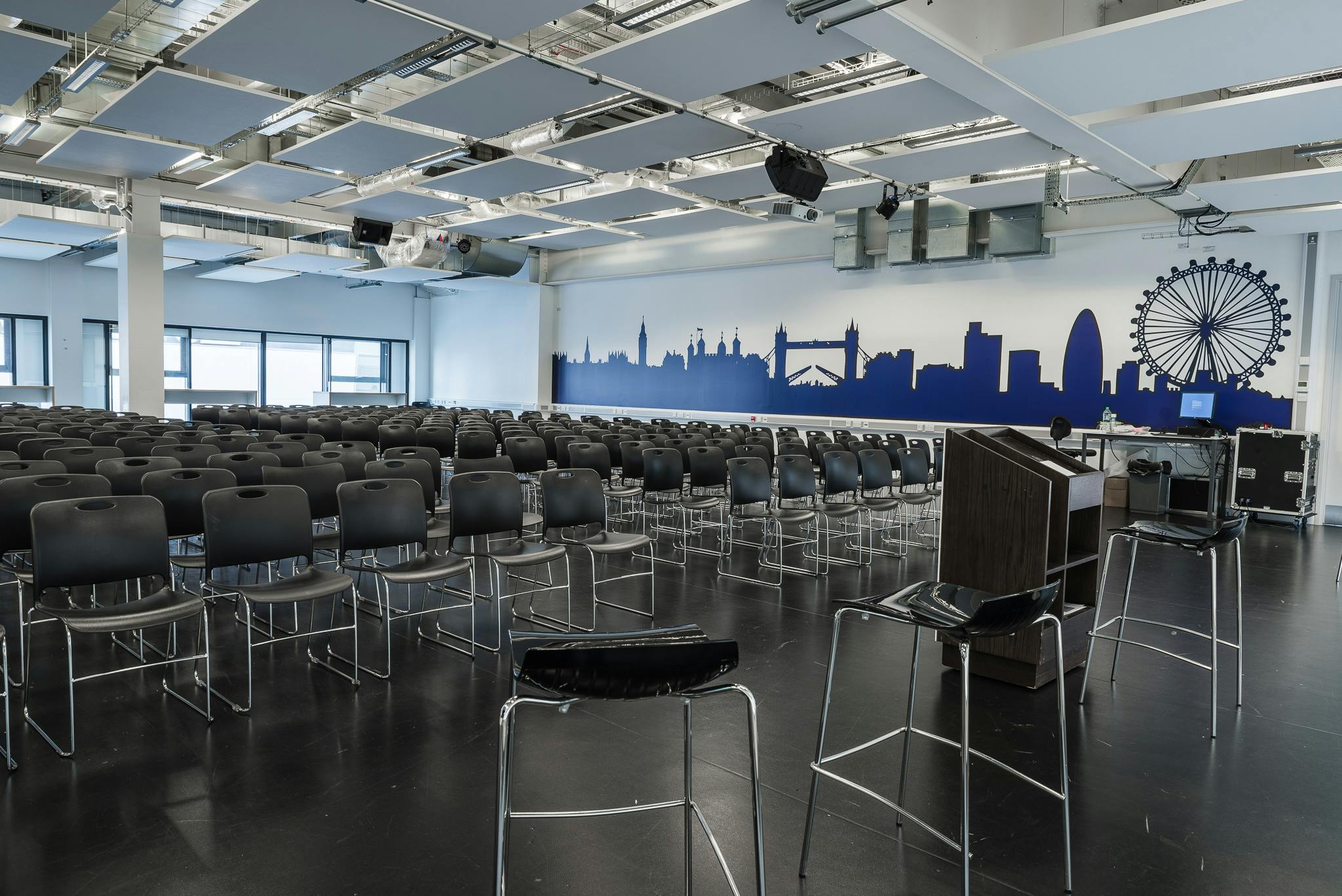 Main hall at London Academy of Excellence Tottenham, ideal for corporate presentations and events.