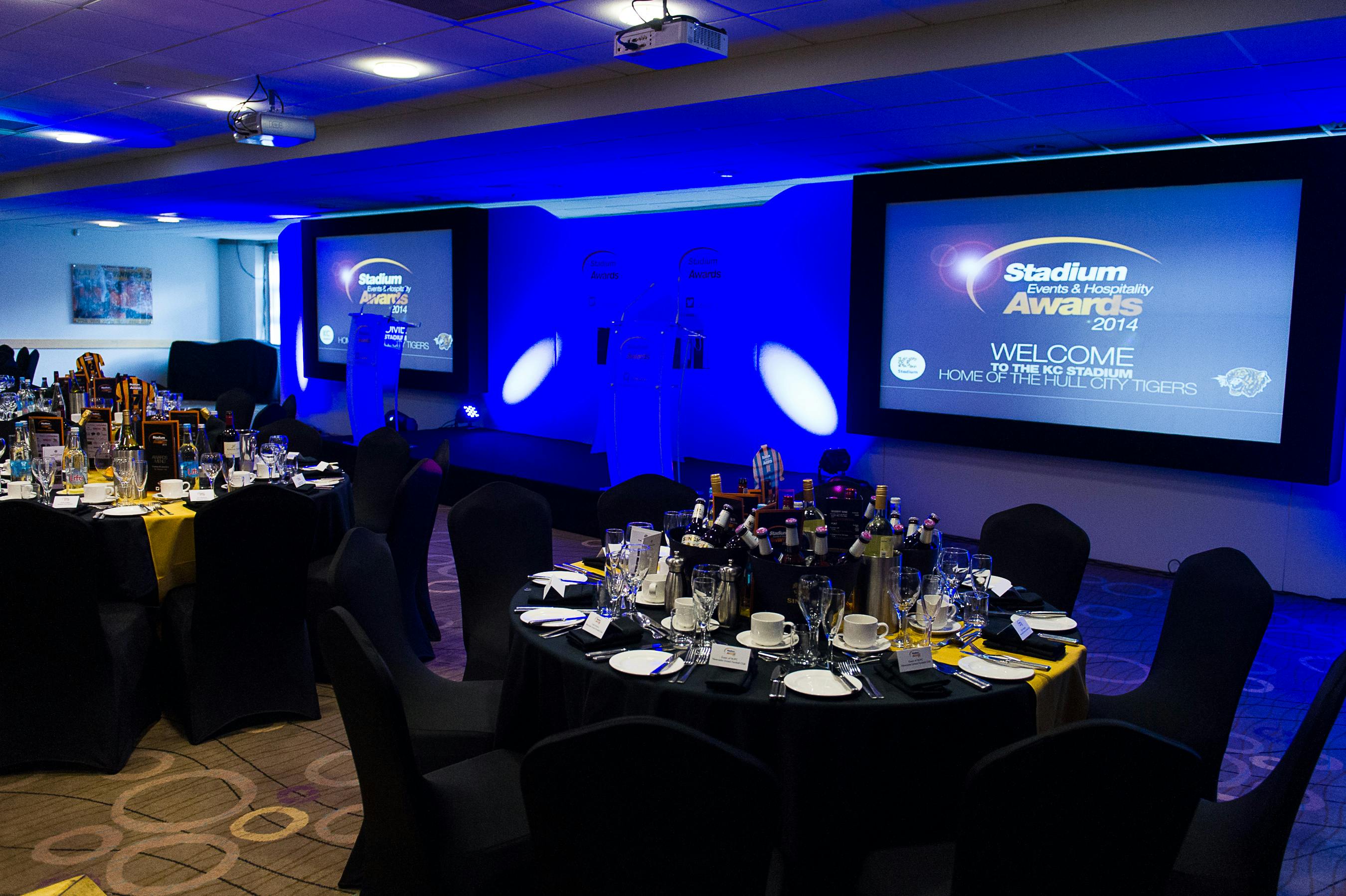 Kingston Suite at MKM Stadium, elegantly set for the Stadium Awards event.