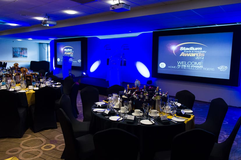 Kingston Suite at MKM Stadium, elegantly set for the Stadium Awards event.
