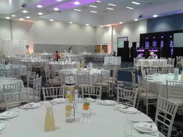 Banqueting Suite with Chiavari chairs at Edgbaston Stadium for corporate dinners and social events.