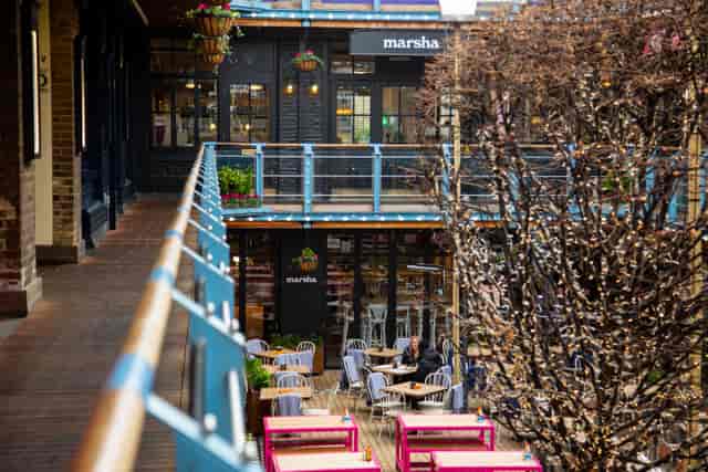 Vibrant outdoor event space with greenery and modern seating for casual gatherings.