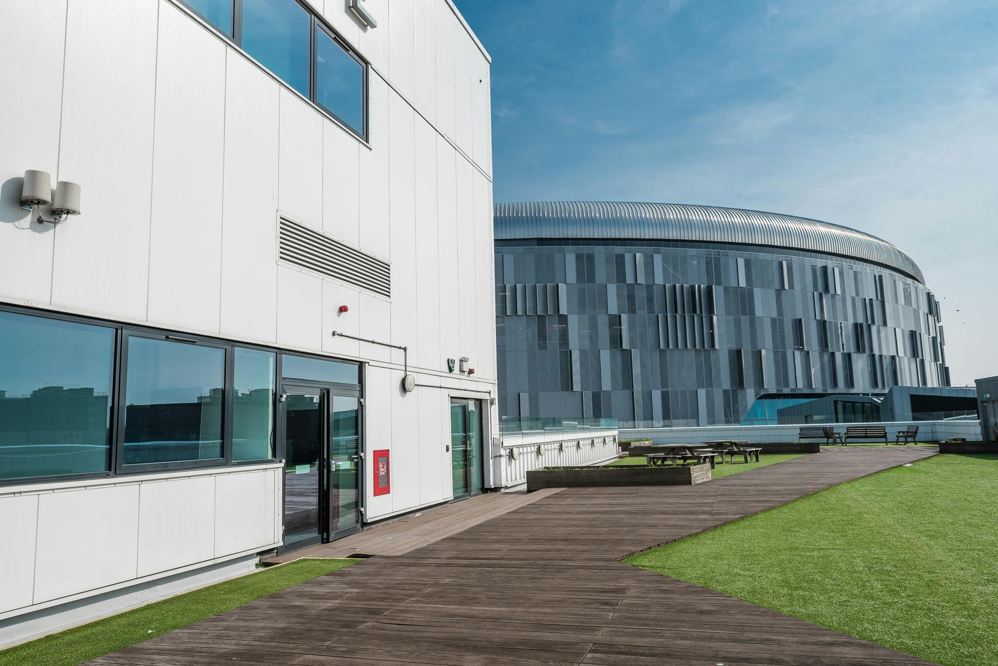 Modern roof terrace at London Academy of Excellence for corporate events and receptions.