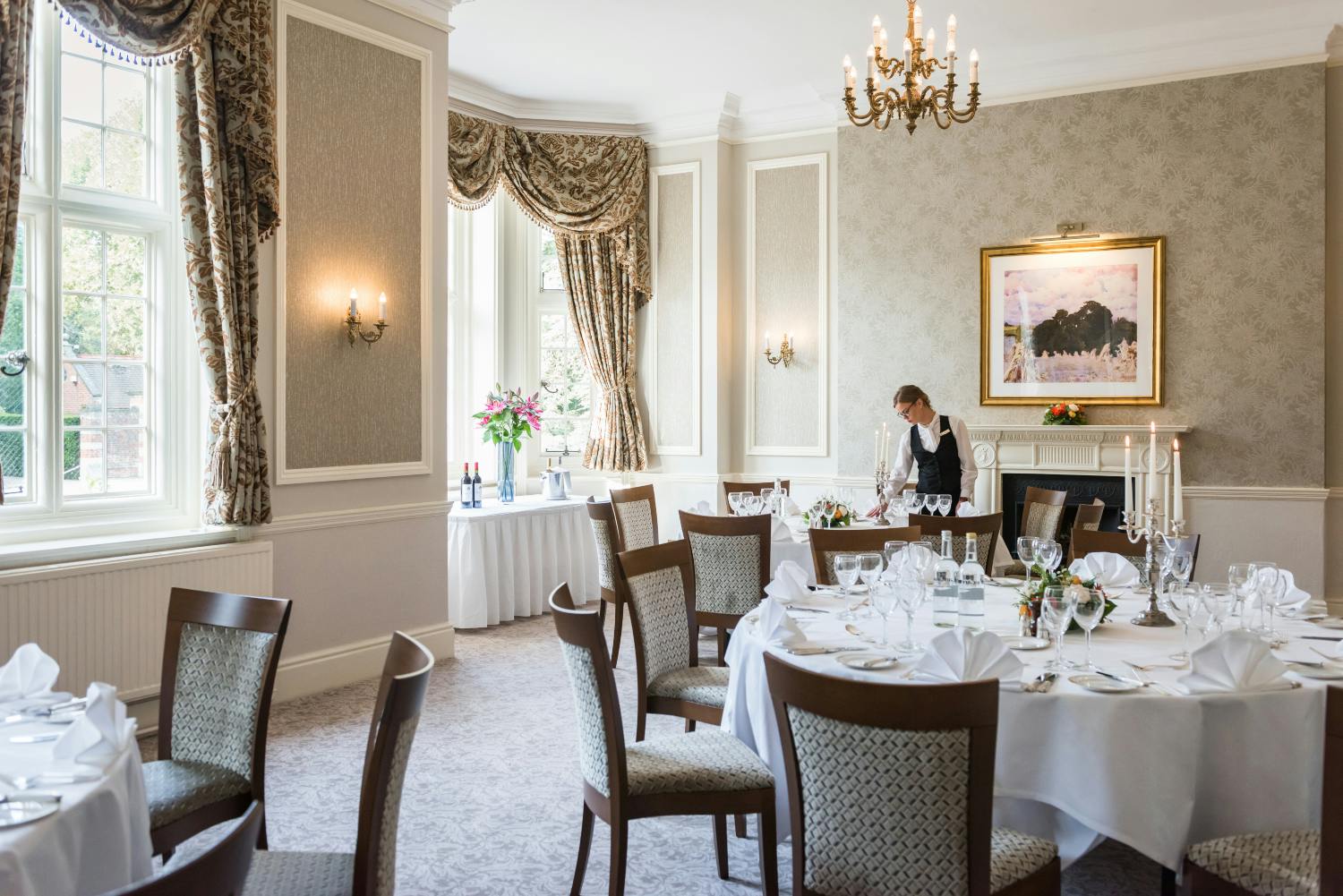 Elegant dining room at Heckfield, Tylney Hall for upscale events and meetings.