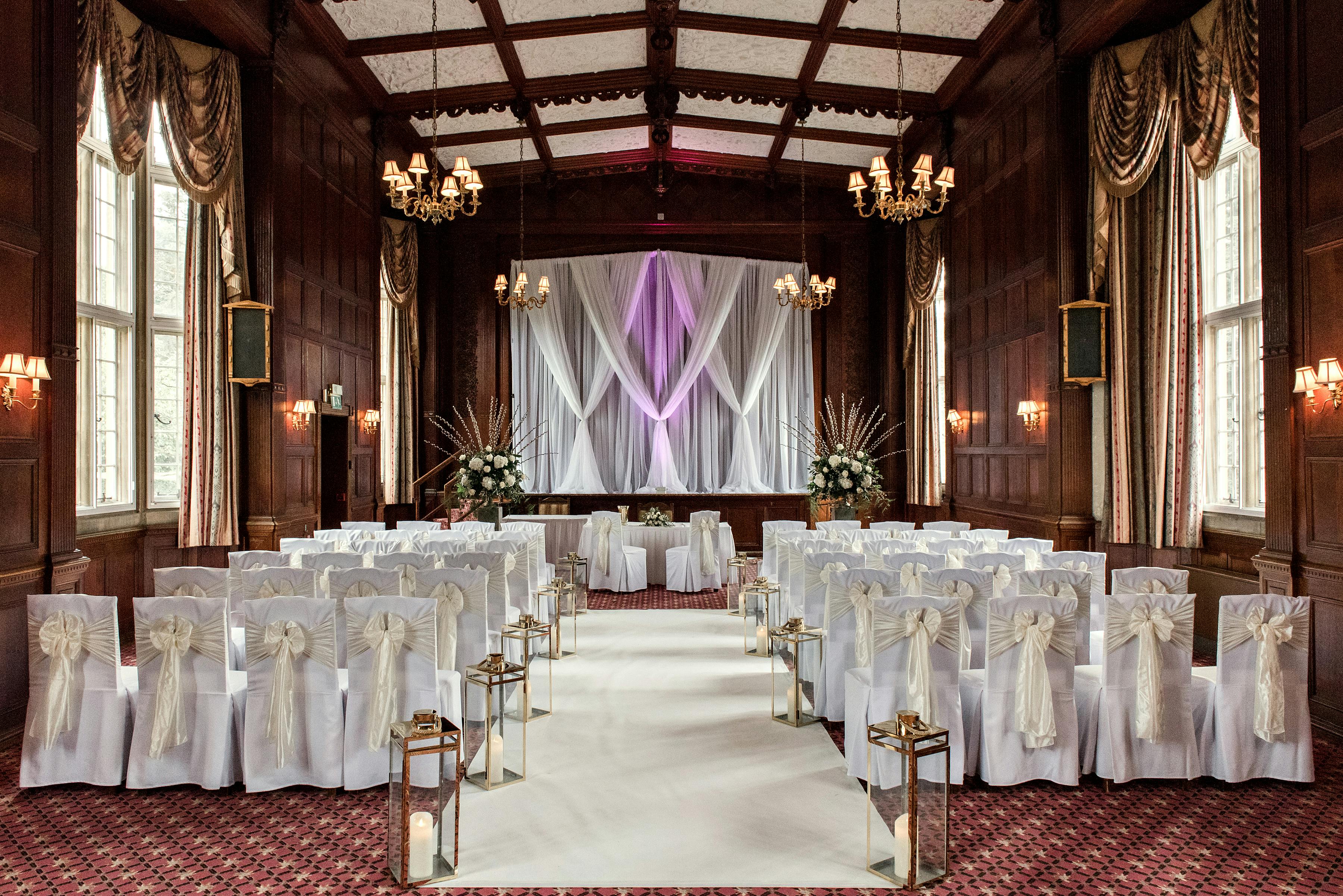 Tylney Suite at Tylney Hall, elegant wedding venue with soft lighting and decor.