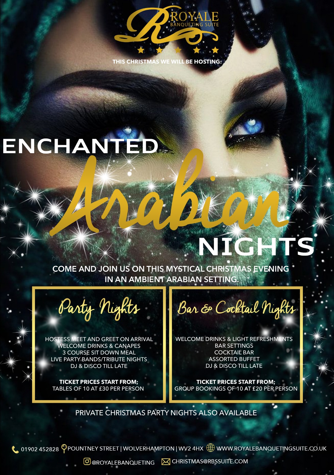 "Enchanted Arabian Christmas Nights flyer at Royale Banqueting Suite, festive event promotion."