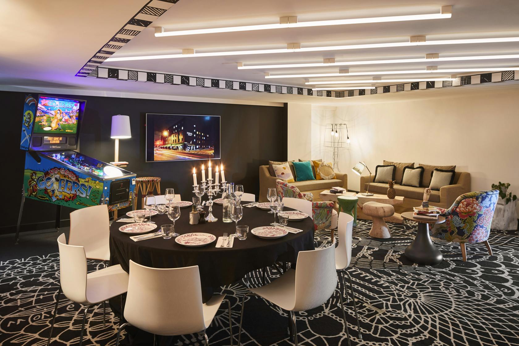 Stylish event space in Mama Shelter London with elegant table setting for gatherings.