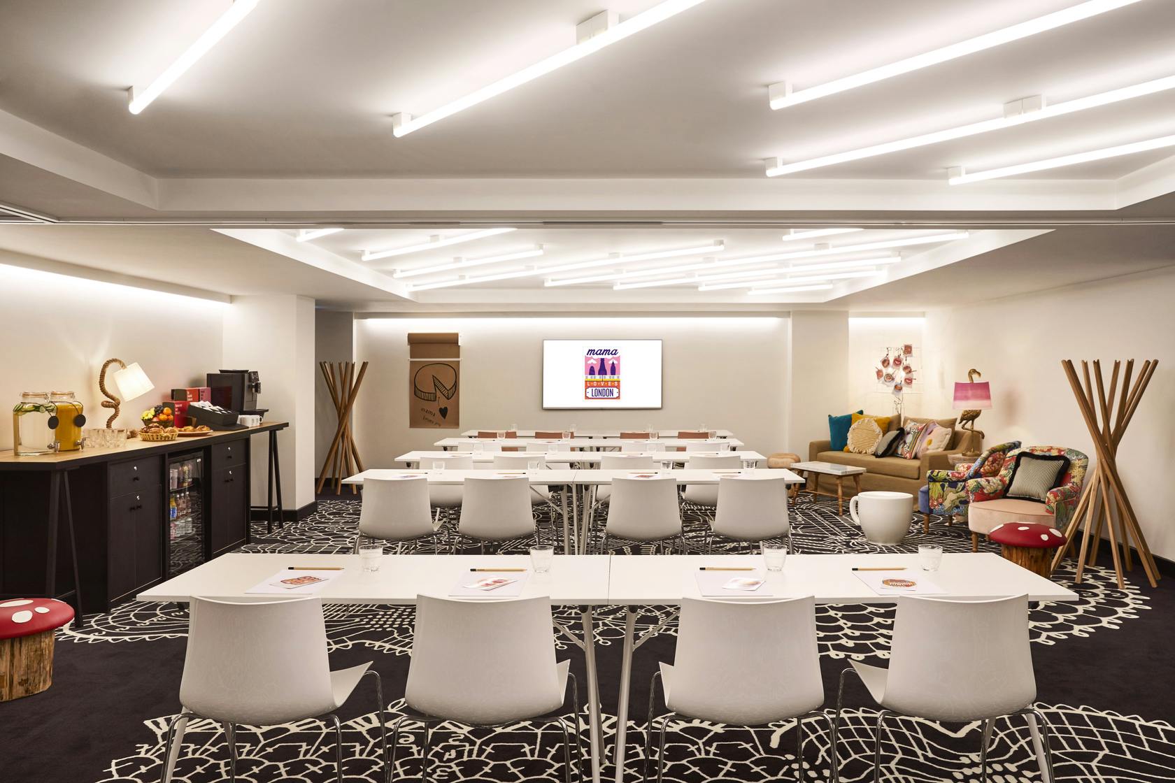 Modern meeting room in Mama Shelter London, perfect for workshops and brainstorming sessions.