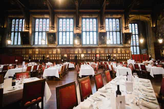 Historic Great Hall, red chairs, gala dinner, banquet event