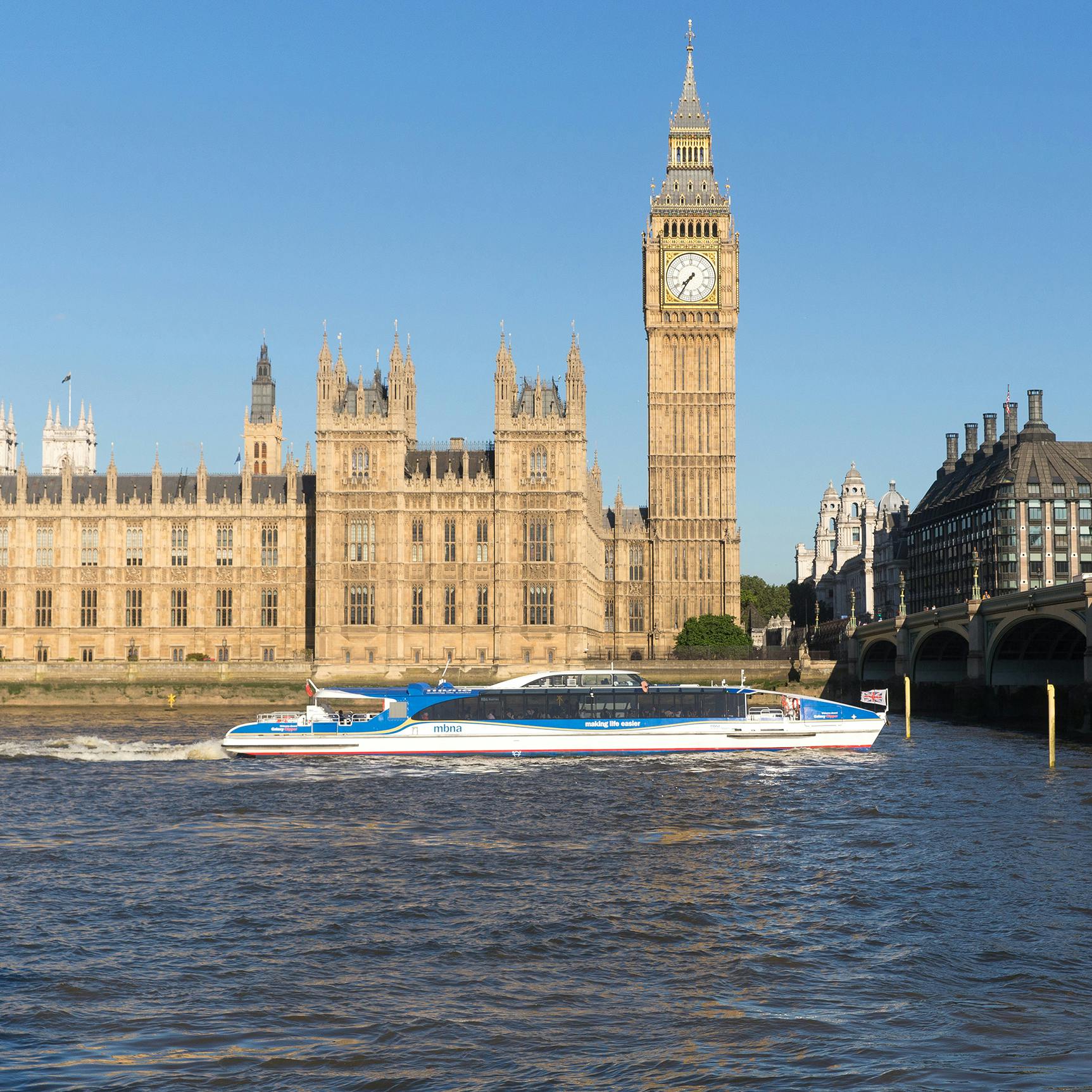 Venus Clipper view of Big Ben, ideal for corporate events by the River Thames.