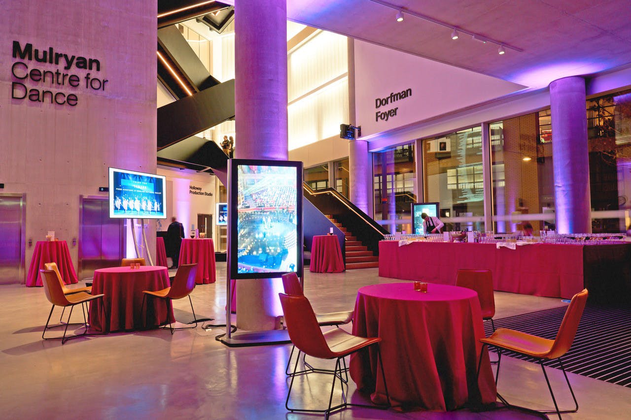 Dorfman Foyer at English National Ballet: modern event space for receptions and gatherings.