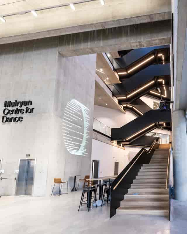 Dorfman Foyer at English National Ballet, modern venue with sleek staircase for events.