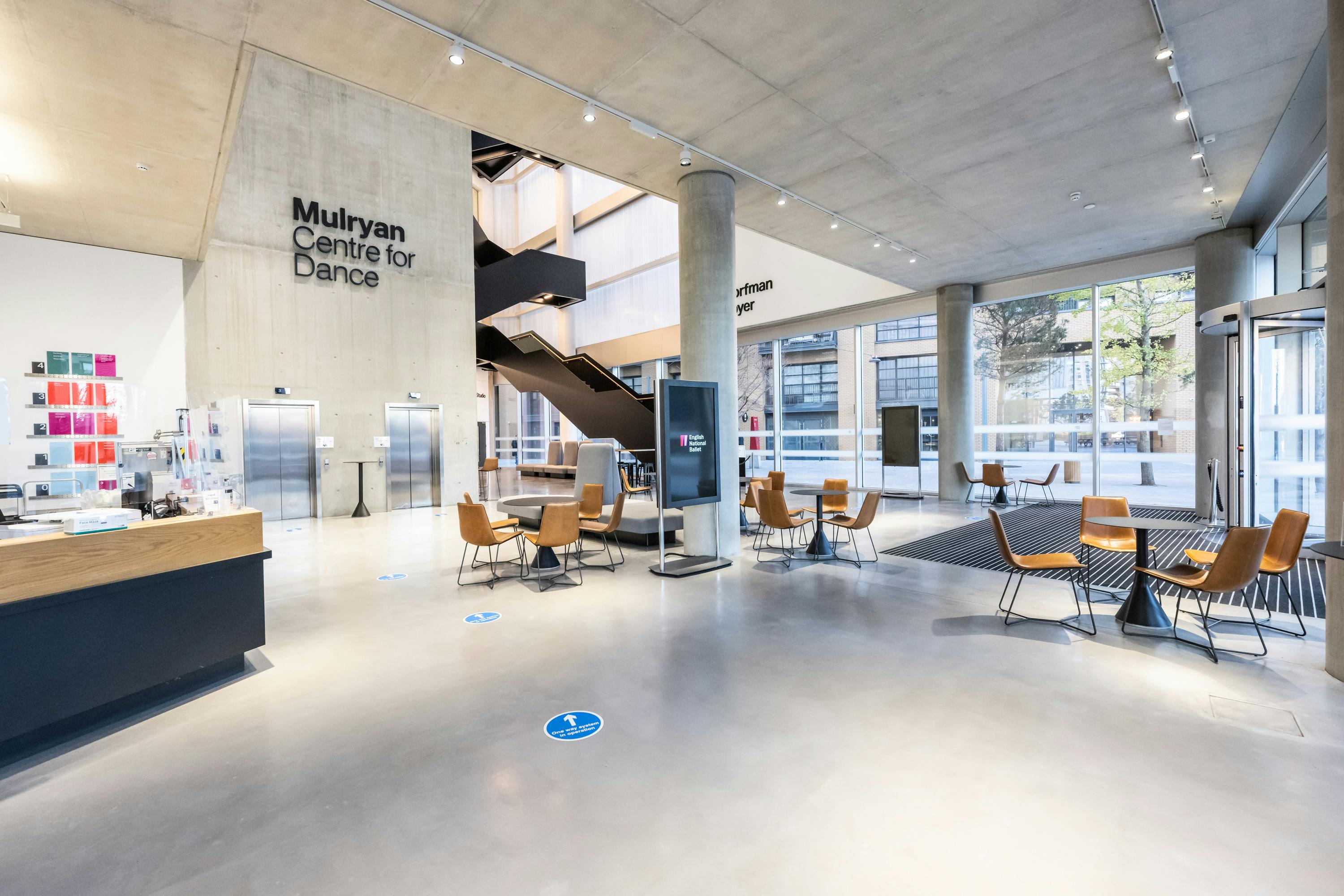 Modern lobby of Dorfman Foyer, English National Ballet, ideal for creative events and meetings.