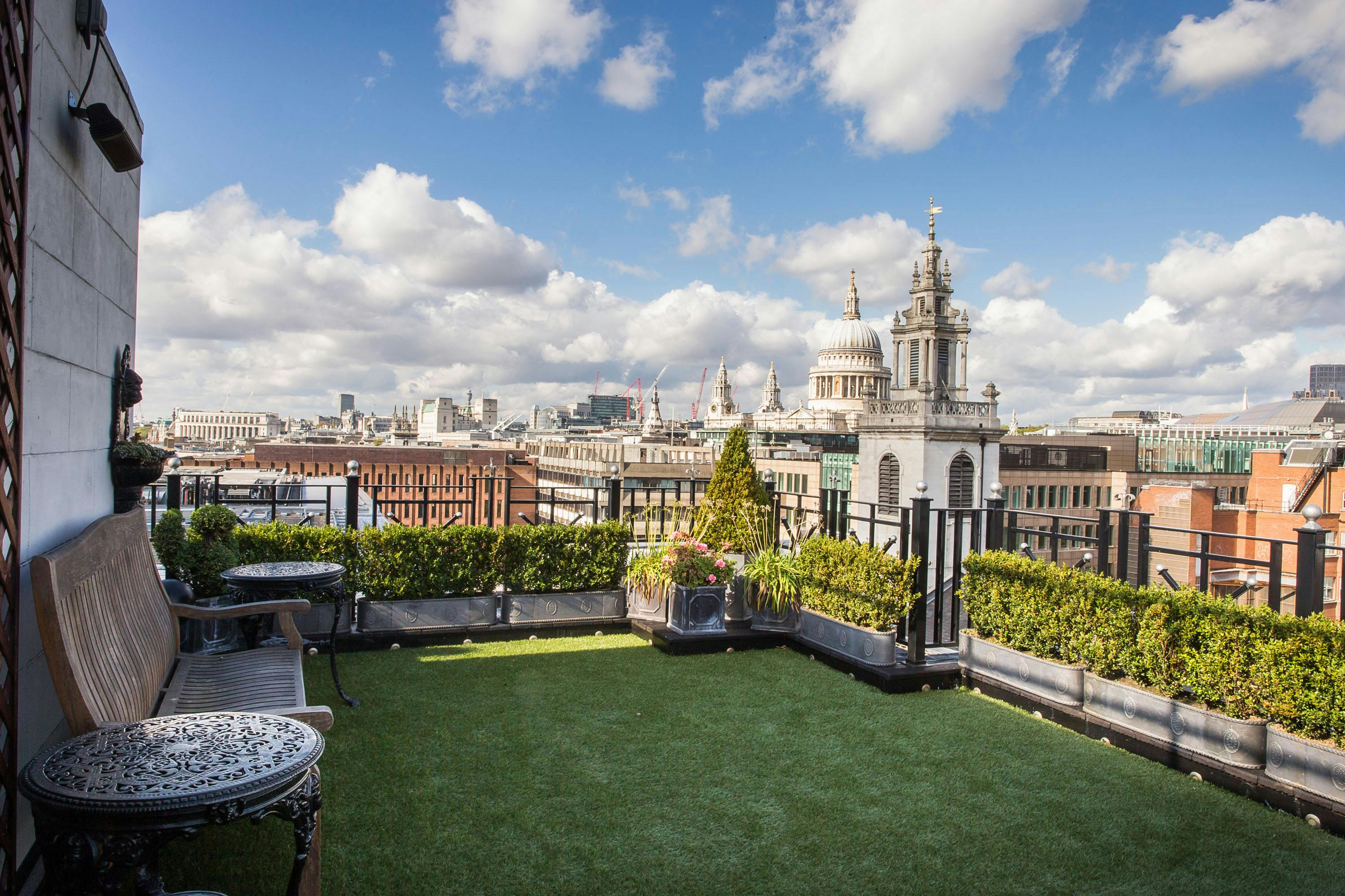 Rooftop terrace at Vintners' Hall with greenery, ideal for outdoor events and receptions.