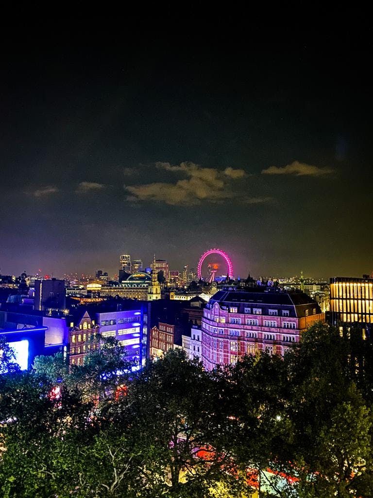 London skyline at night with pink London Eye, perfect for gala dinners and receptions.