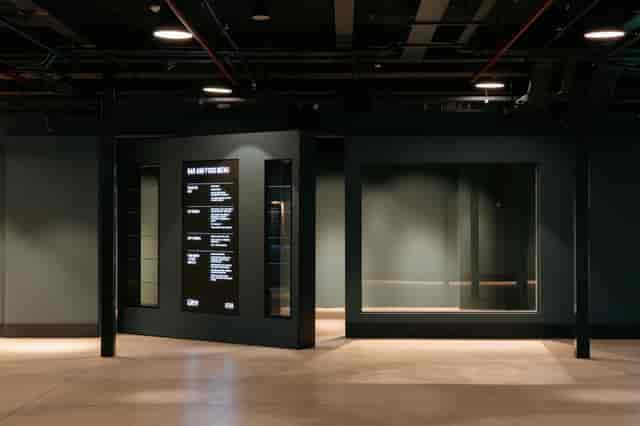 Industrial-chic Exhibition White City venue entrance for corporate events and product launches.