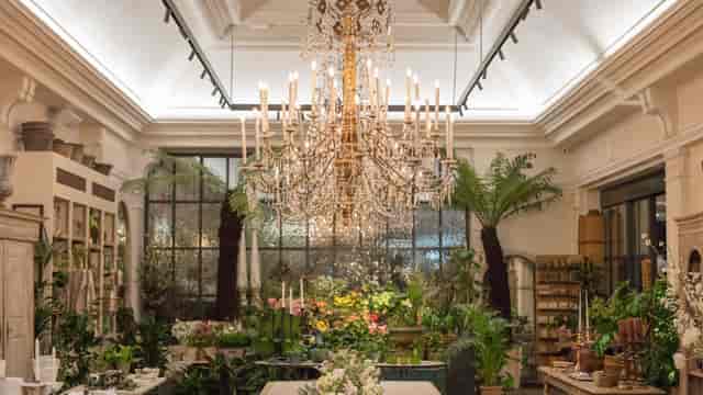 Elegant event space with greenery and chandelier at Petersham Nurseries, ideal for weddings.
