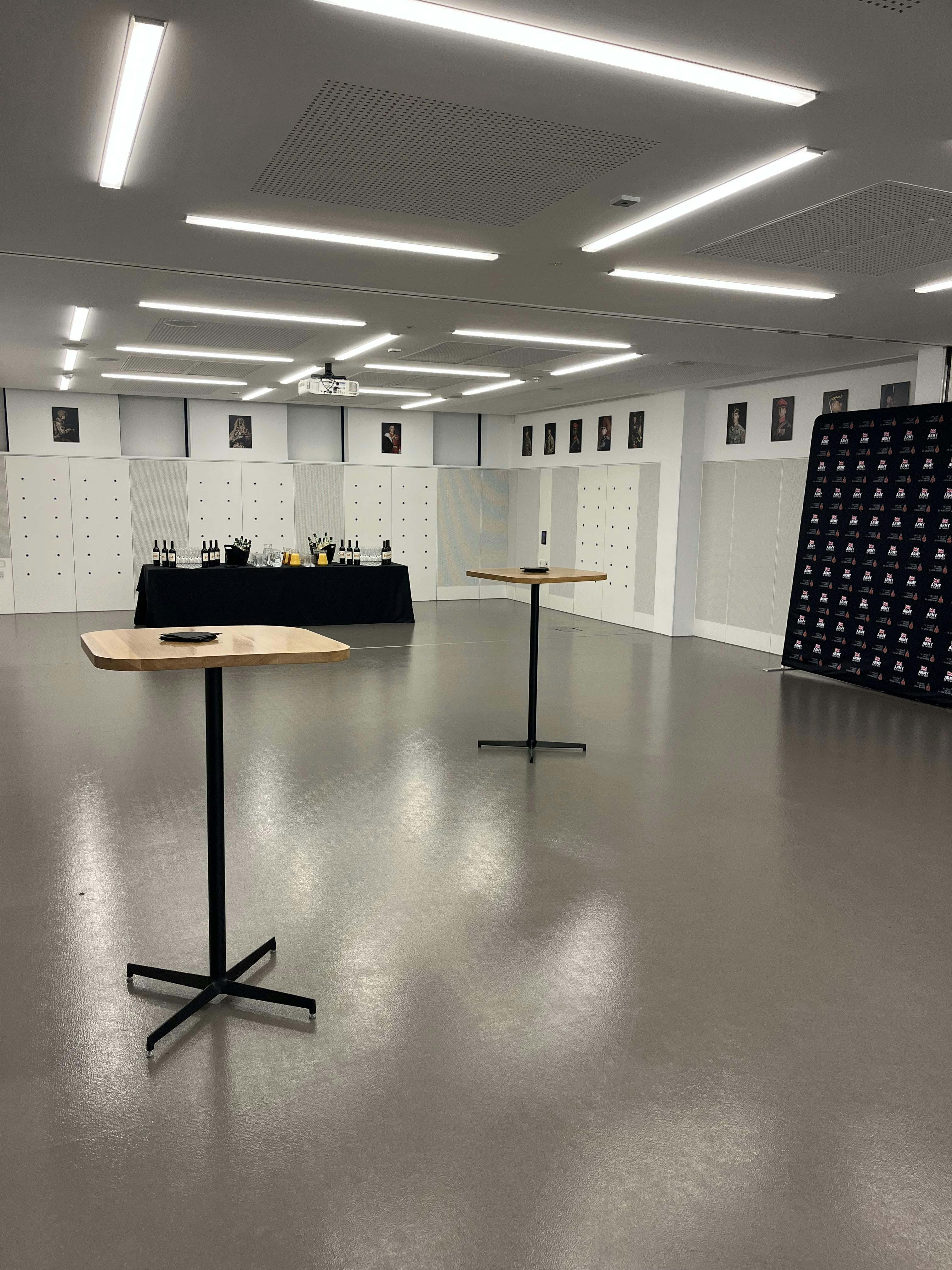 Foyle Centre event space with high-top tables for gatherings at National Army Museum.