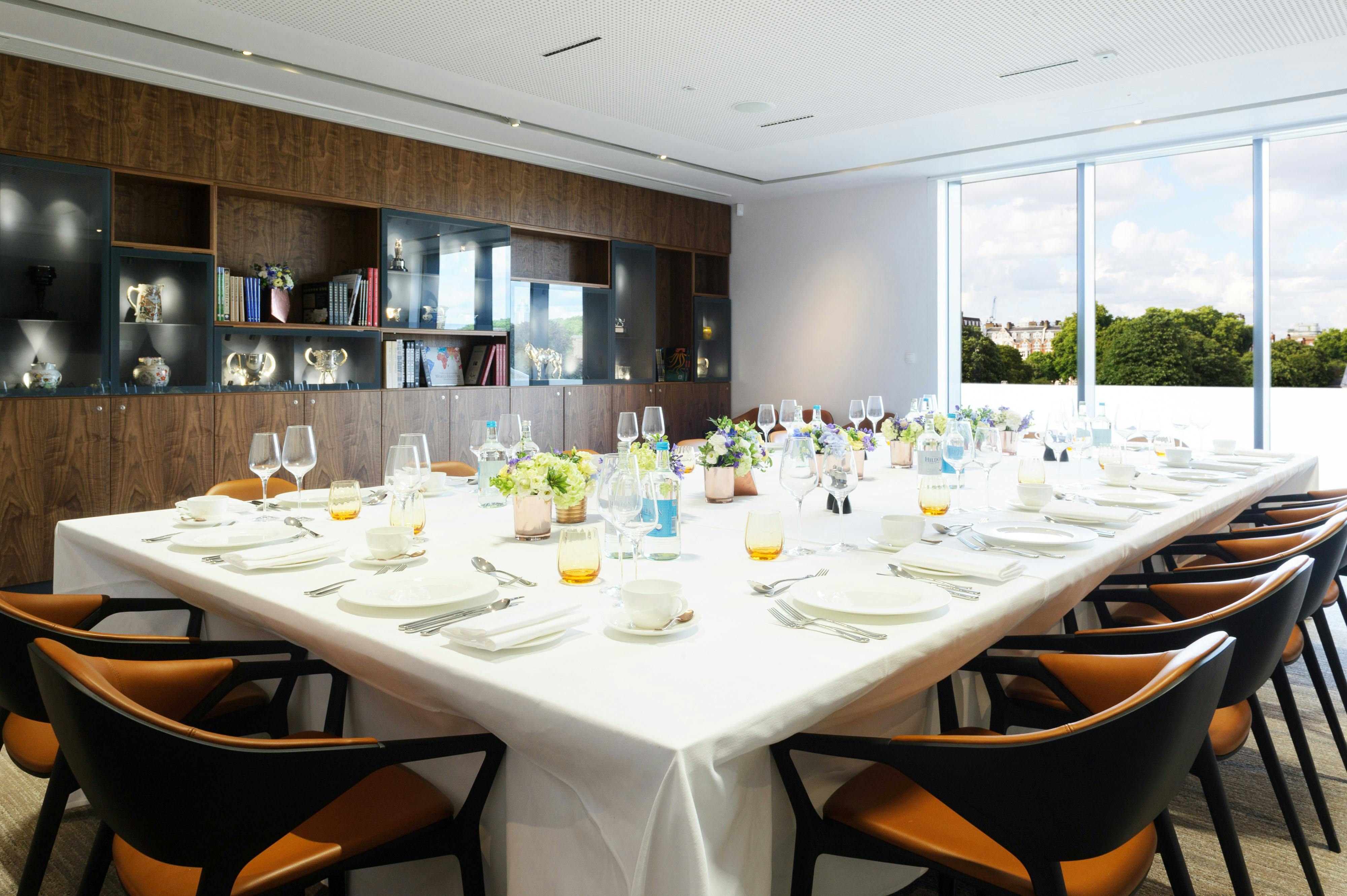 Boardroom at National Army Museum with elegant table setup for formal meetings and events.