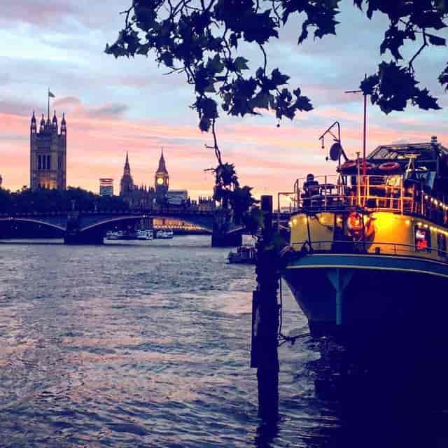 West-Facing Deck at Tamesis Dock, sunset backdrop for riverside events and parties.