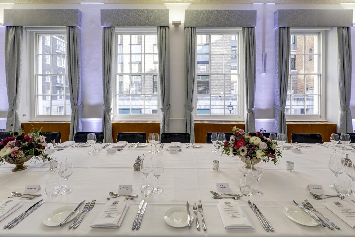 Elegant dining table in The Prince Philip Room, ideal for corporate events and gatherings.