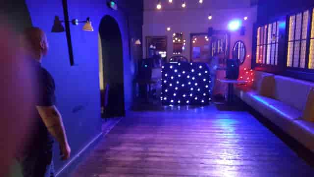 DJ setup at Auberge Waterloo, casual dance floor, wedding reception and party venue.