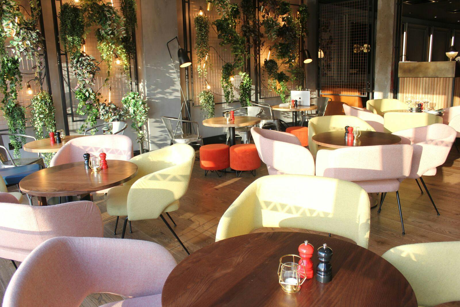 Stylish event space at The Bar in Hache Kingston with modern furniture and greenery.