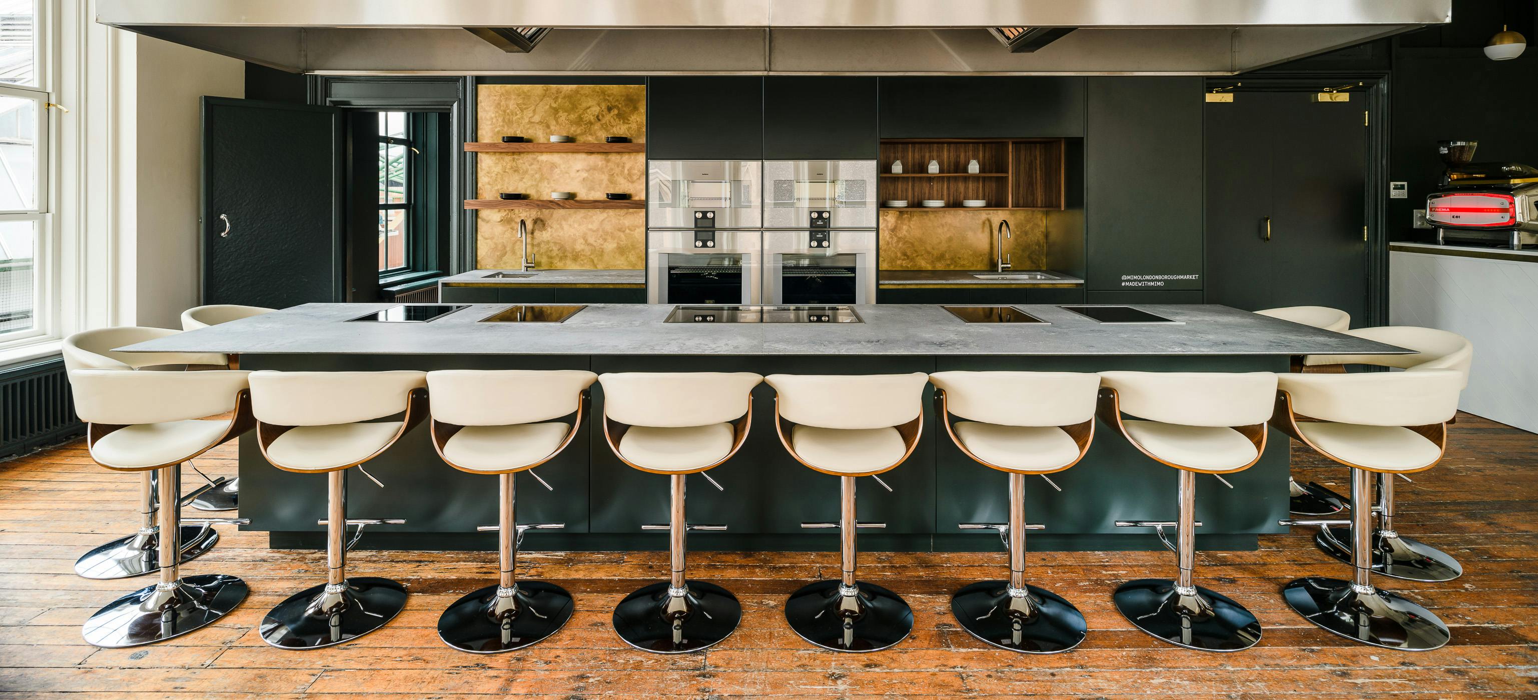 Modern kitchen in The Cathedral Room, Mimo London, ideal for cooking classes and events.
