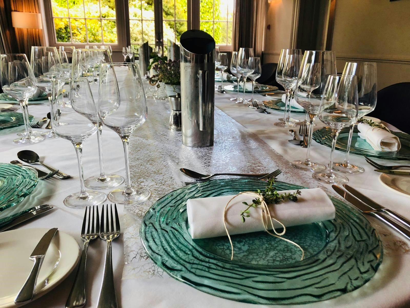 Elegant dining table setup at The Elms Hotel for upscale events and corporate gatherings.