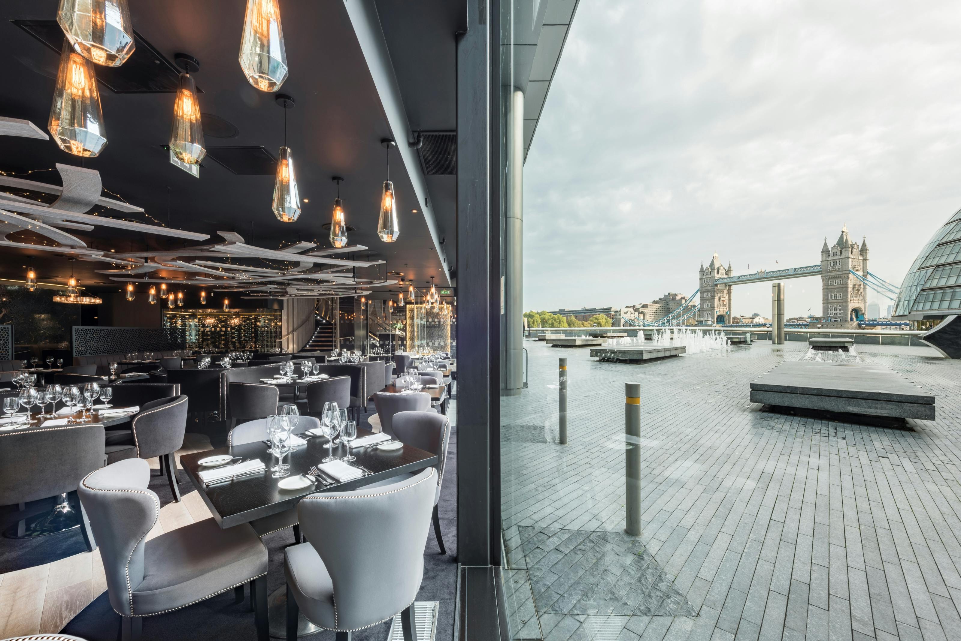 Elegant restaurant with Tower Bridge view, perfect for exclusive events and gatherings.