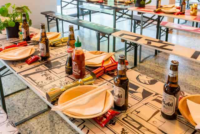 Vibrant comic-themed dining setup for casual events at Chop Shop's Main Restaurant.