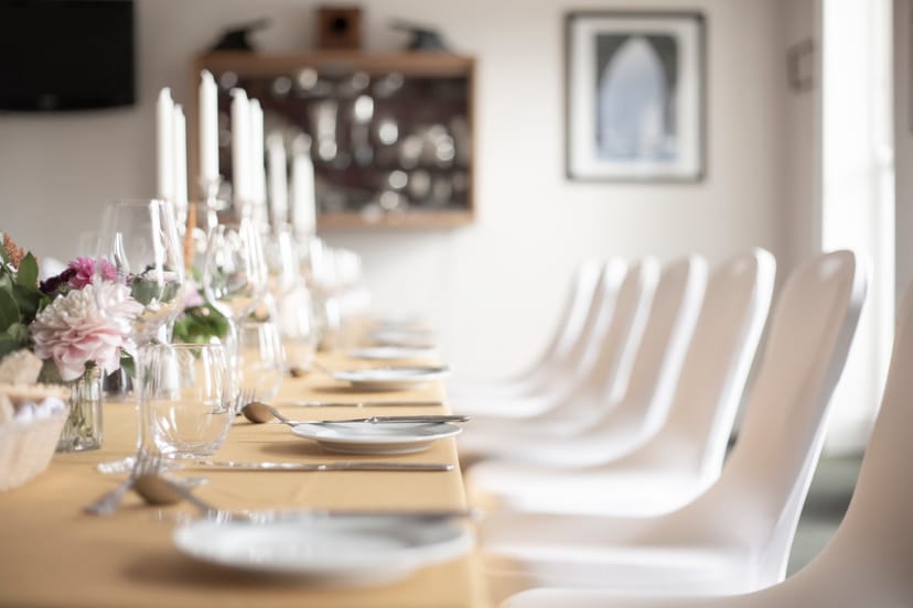 Elegant dining setup in THE BOARDROOM, perfect for corporate dinners and celebrations.