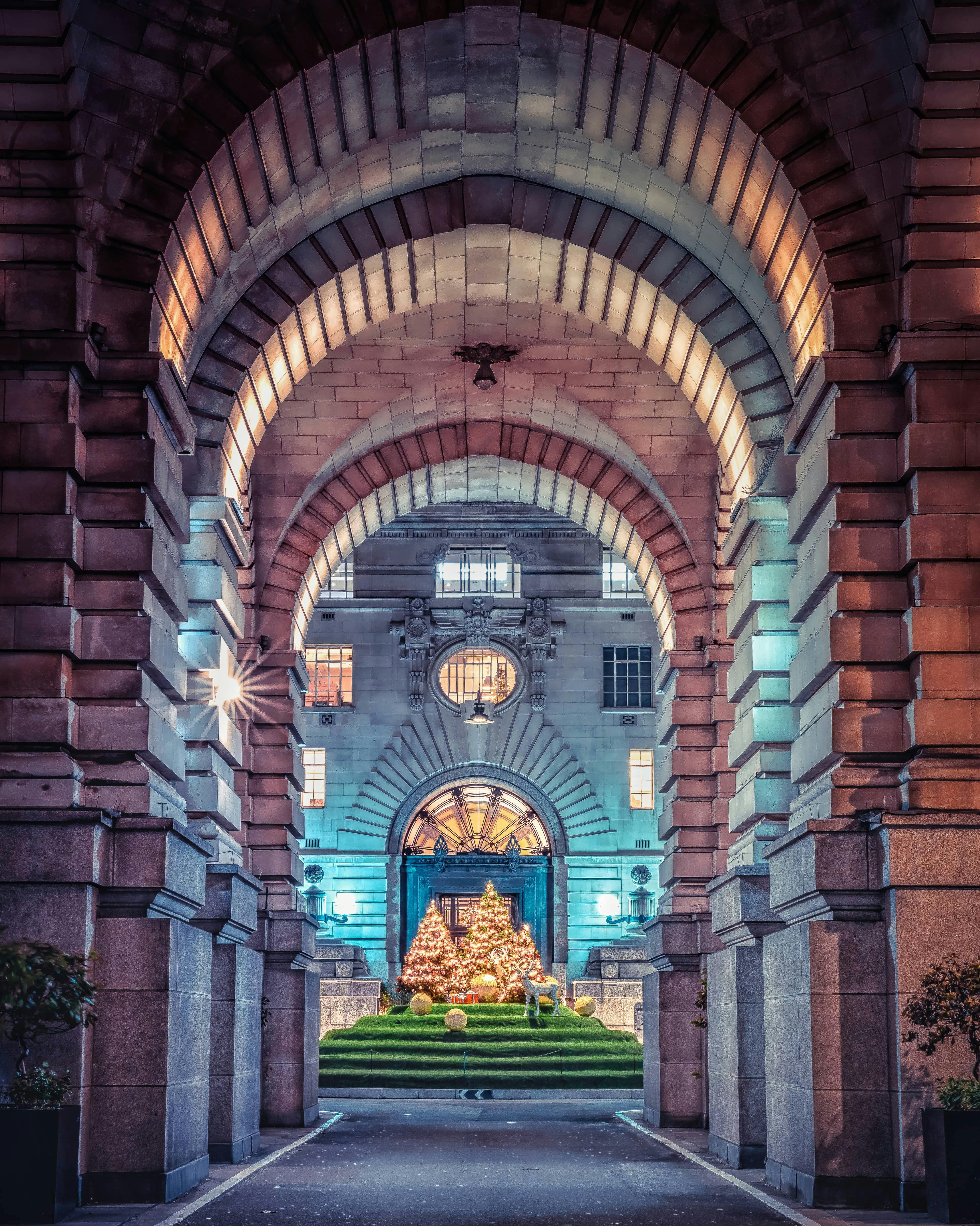 "Elegant Christmas party venue with arches at London Marriott Hotel County Hall."