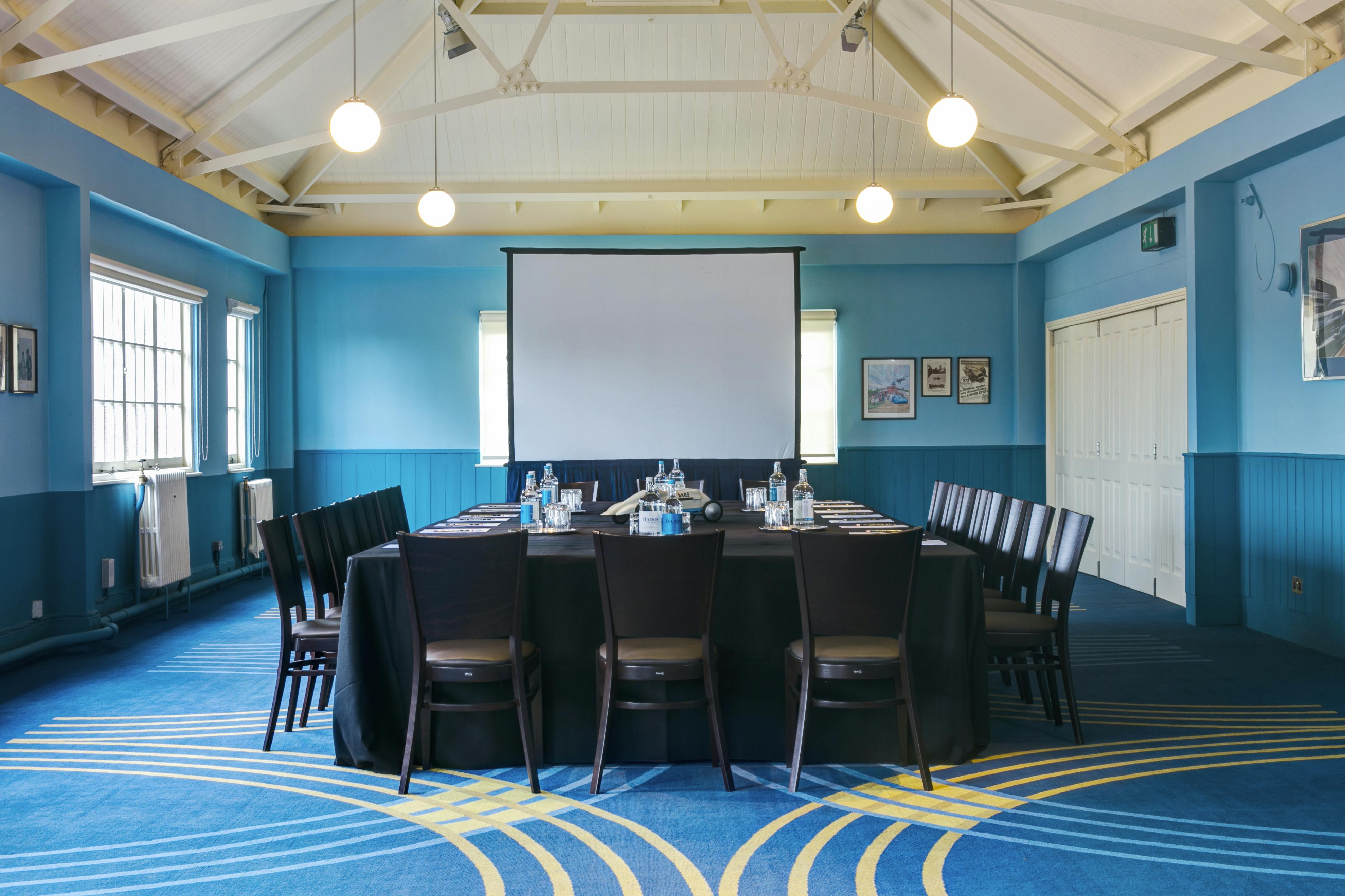 Bluebird Room at Brooklands Museum: serene meeting space with blue walls for workshops.