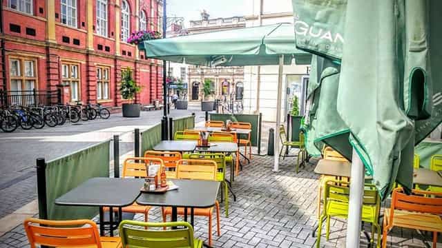 Outdoor seating area at Las Iguanas Leamington Spa, perfect for networking events.