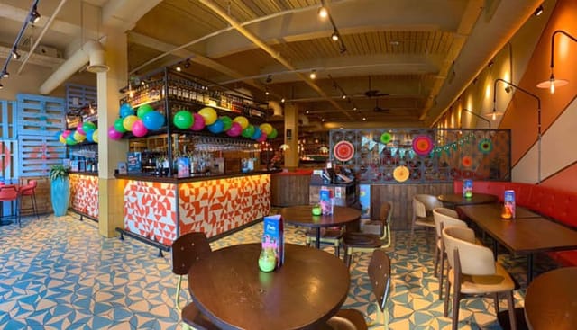 Vibrant Las Iguanas Newport venue with colorful decor for casual meetings and social events.