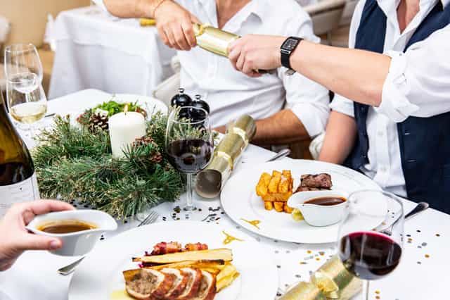 Festive dining setup at London Steakhouse for holiday events and corporate celebrations.