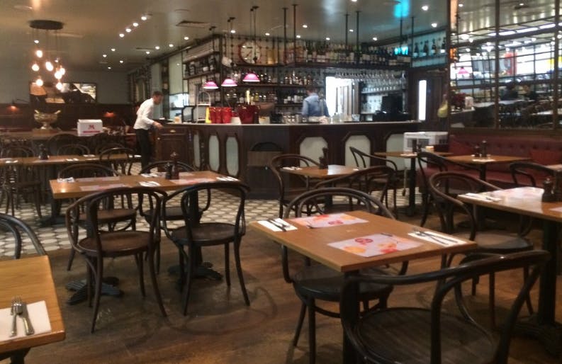 Café Rouge London venue with stylish bar, ideal for intimate meetings and events.