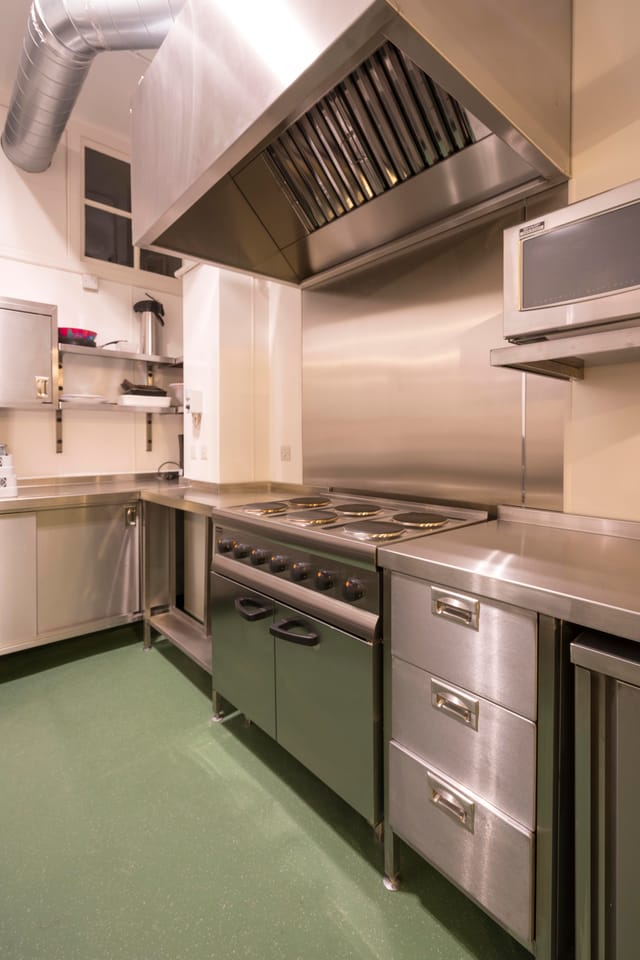 Modern commercial kitchen with stainless steel surfaces for efficient event catering.