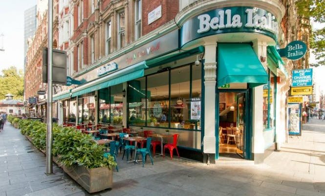 Vibrant Bella Italia venue exterior, ideal for casual meetings and networking events.