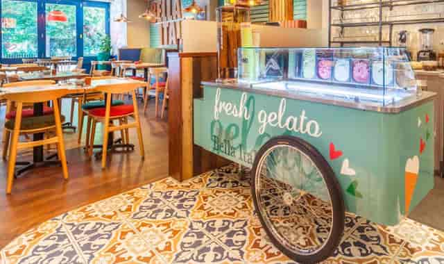 Vibrant gelato cart in modern dining space for events at Bella Italia Southampton.