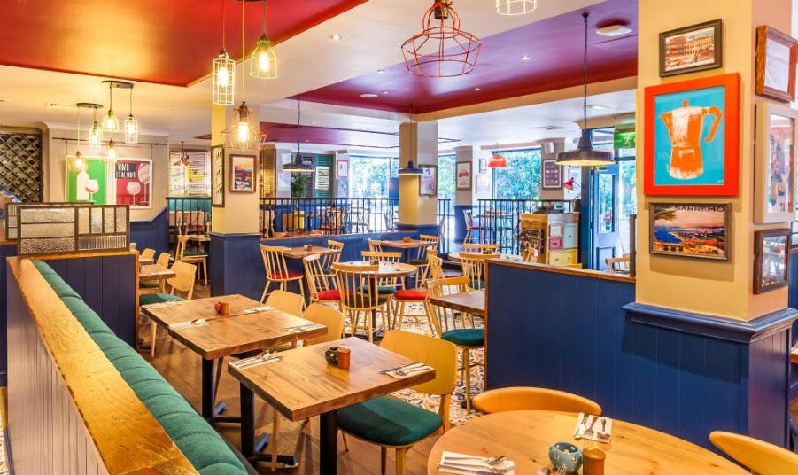 Vibrant dining space in Bella Italia Southampton for casual meetings and events.