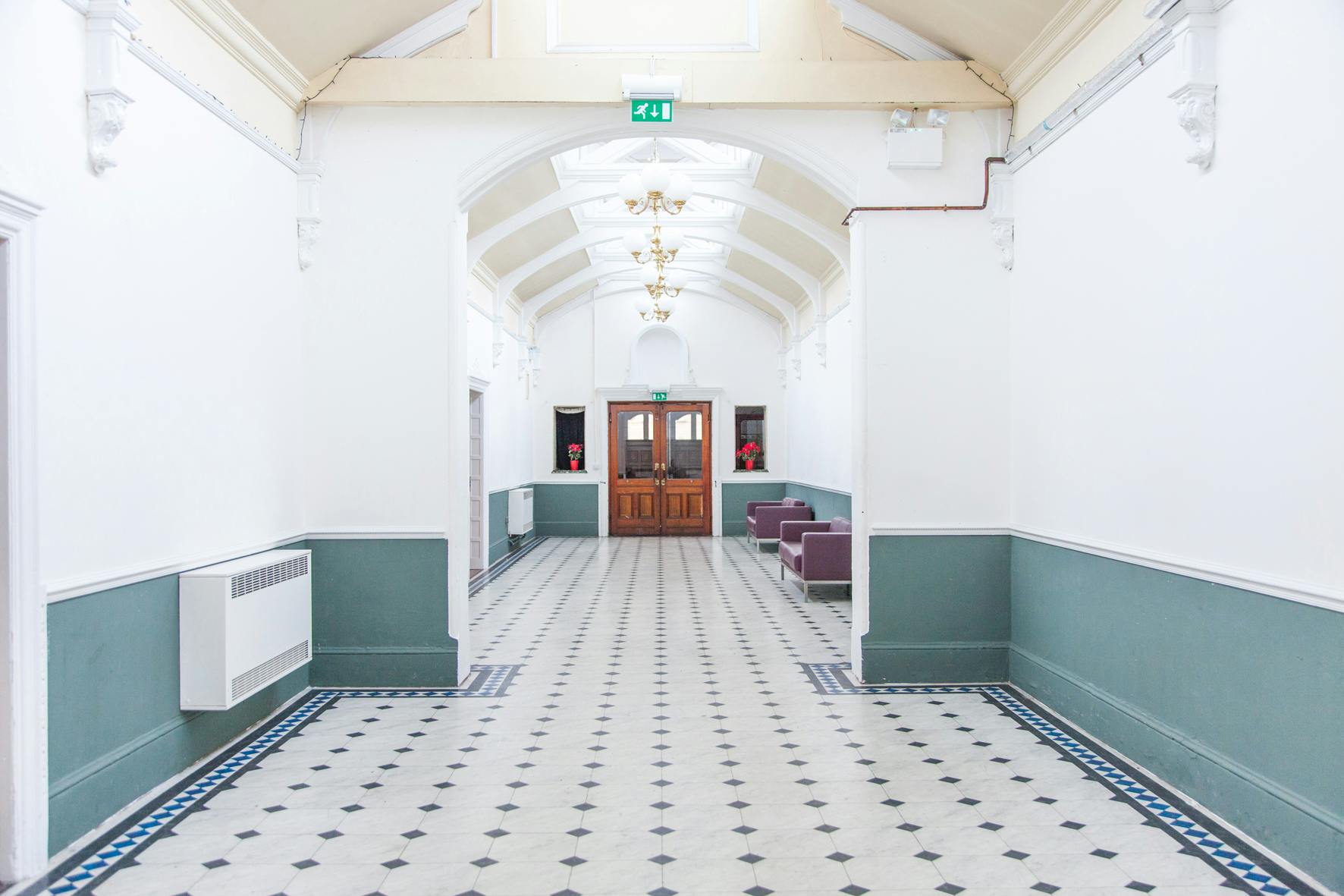 Spacious event corridor in Stanley Arts London, ideal for networking and registration.