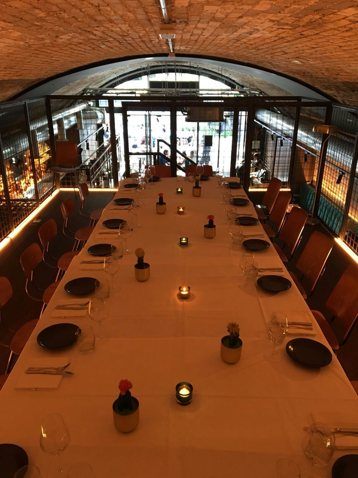 Modern dining table in Cinnamon Kitchen Battersea for corporate dinners and private events.