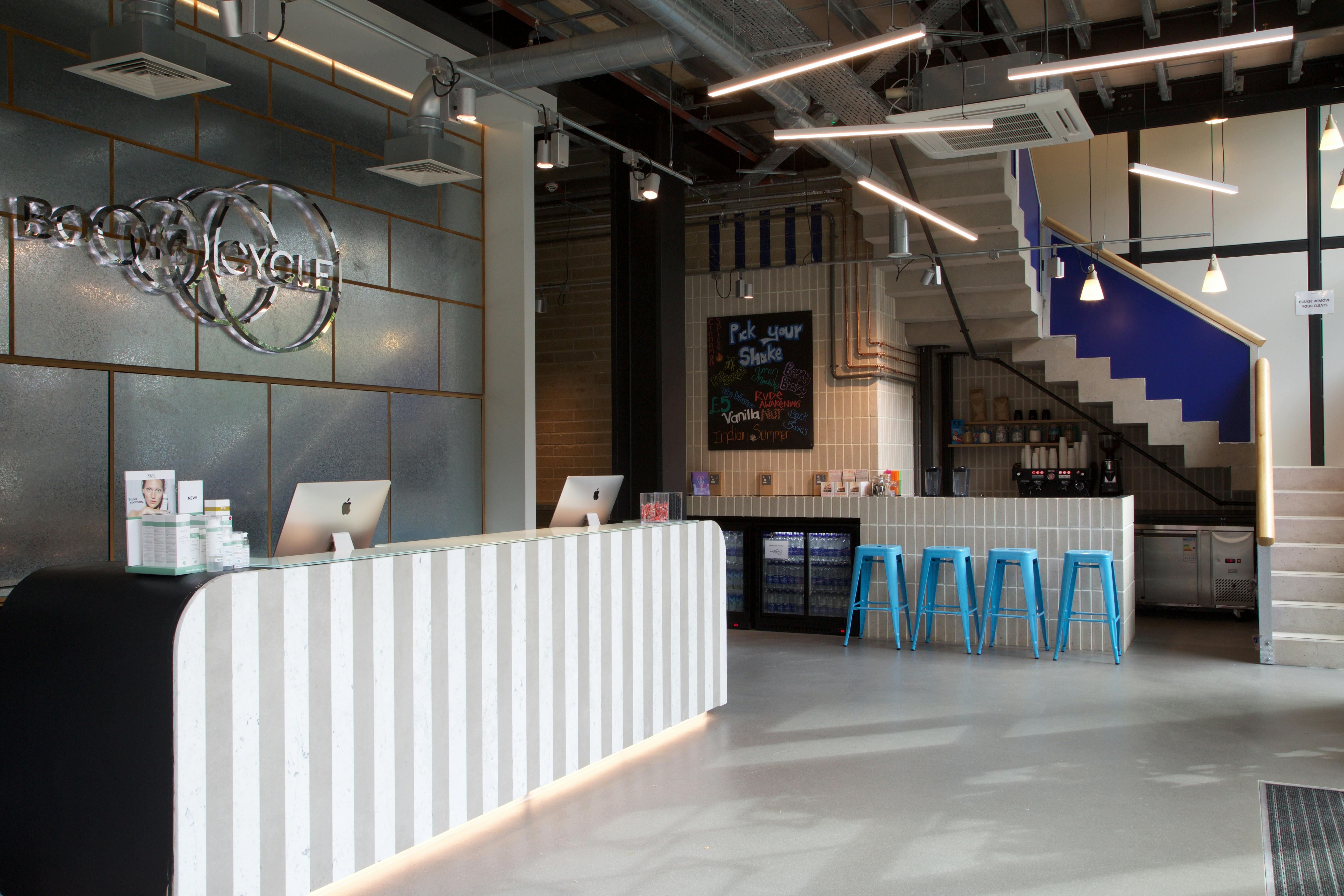 Modern reception area at Boom Cycle Hammersmith, perfect for corporate events and workshops.