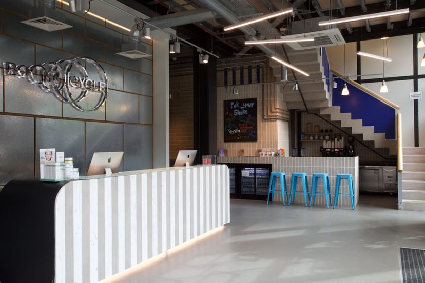 Modern reception area at Boom Cycle Hammersmith, perfect for events and networking.