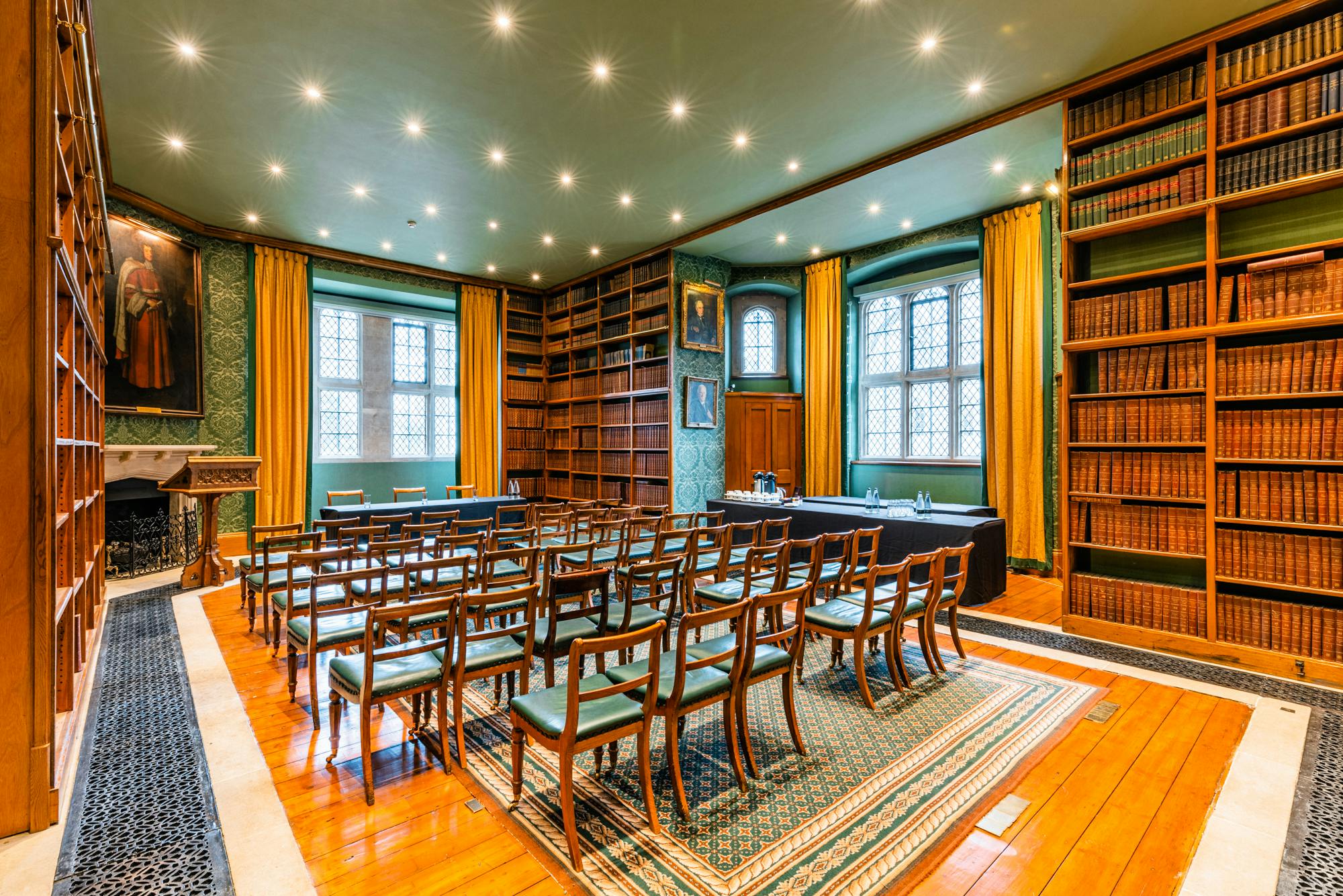 Old Court Room at Lincoln's Inn, elegant wooden bookshelves, ideal for meetings and workshops.