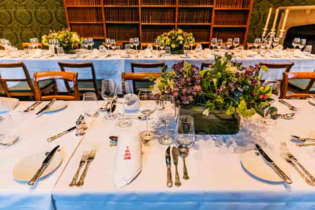 Elegant dining setup in Old Court Room, Lincoln's Inn for formal events and dinners.