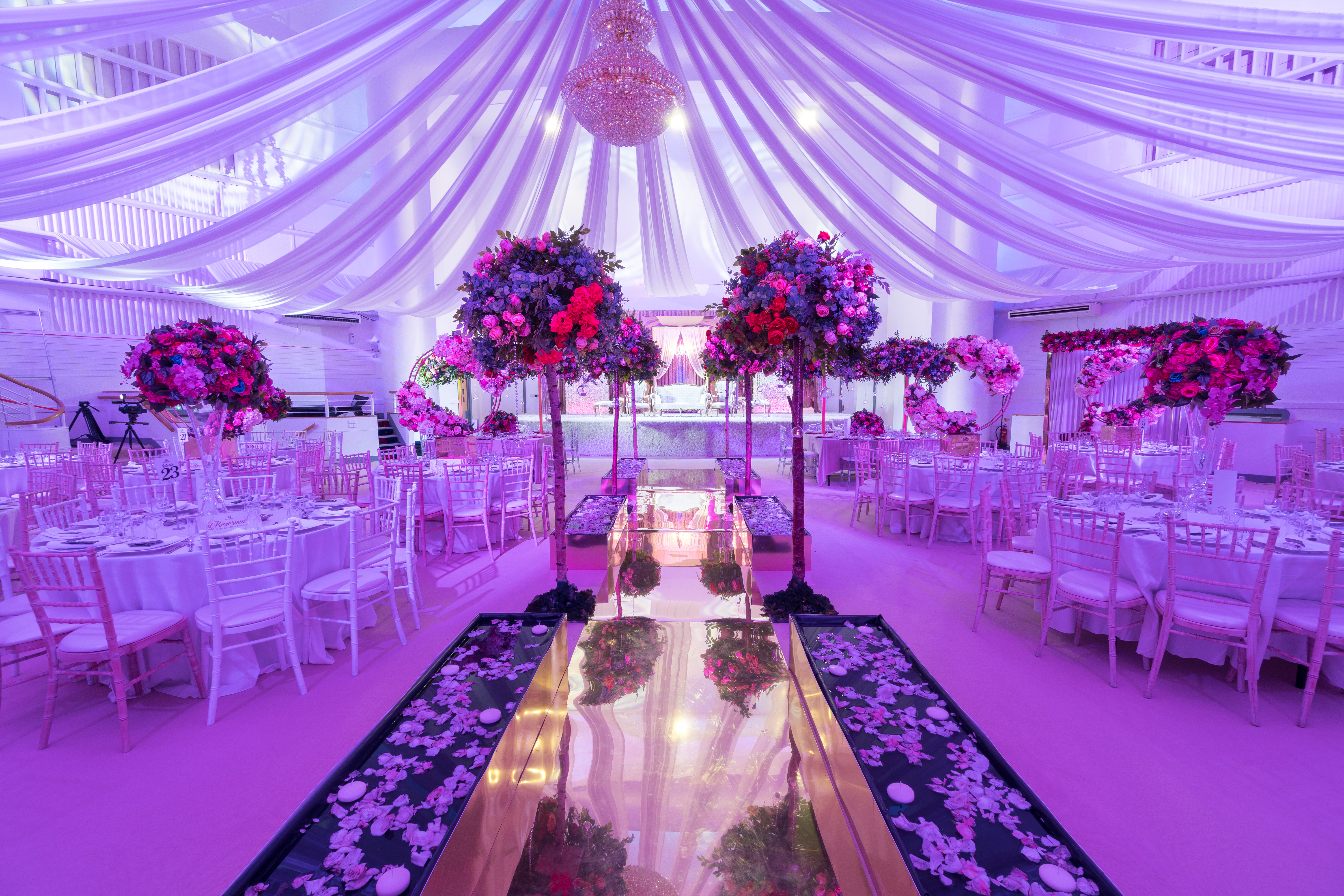 Elegant Grand Ballroom at The Mayfair with draped ceiling, ideal for weddings and upscale events. - Banner