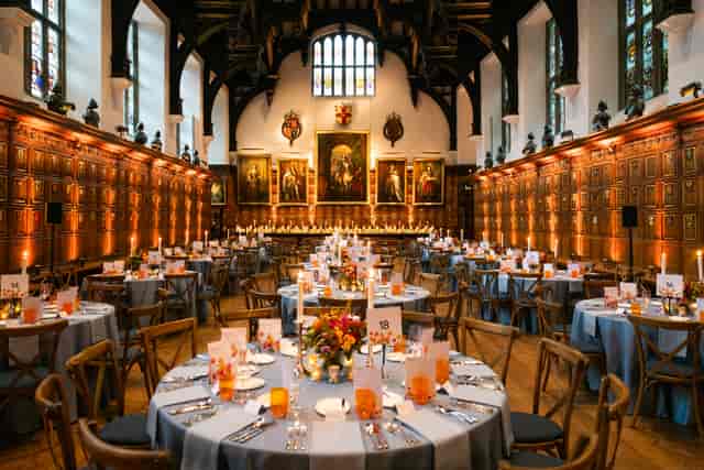 Elizabethan Hall formal dinner, wood paneling, corporate event, wedding